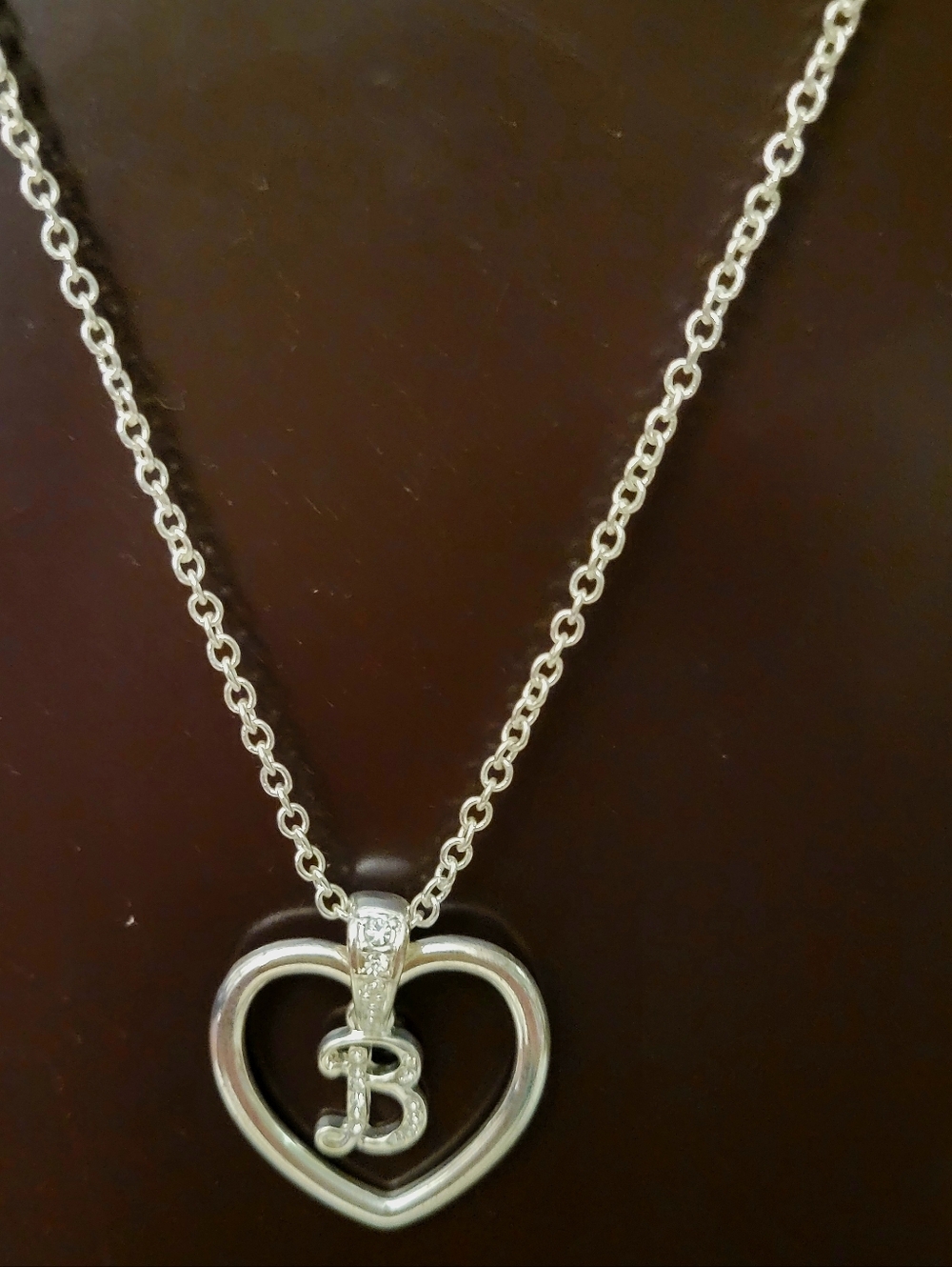 Silver Tone  Heart Pendant Necklace with 'B' Initial in Silver